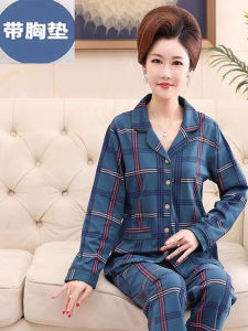 Pure Cotton Long Sleeve Sleepwear for Middle-Aged And Elderly Women with Chest Pad Home Clothes Autumn Set Comfortable Home Fashion