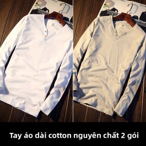 AKT | Áo Thun Tay Dài Cổ V Có Nút Bằng Cotton