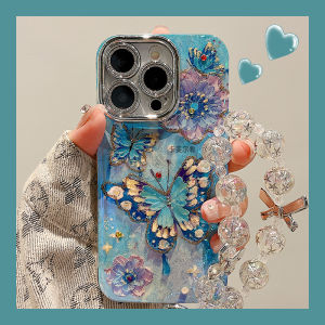 Kafel Blue Oil Painting Butterfly Flower Silicone Phone Case for iPhone 15 pro Max Apple 14 New Model 12 Womens Protective Film with Lens