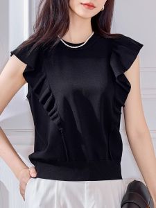 WANGGONGZHU | Elegant Ice Silk Slim Fit Short Sleeve Knitwear Womens Sweet Fashion T-Shirt Princess Style Commute Simple Pure Color Summer Top