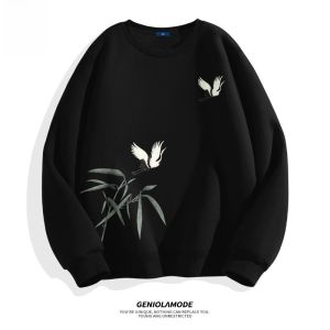 Genio Lamode Black round Neck Sweatshirt Long Sleeve Mens Spring Fashion Crane Print Casual Comfortable Cotton Polyester Blend