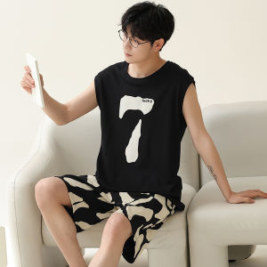 miiow | Mens Summer Thin Pure Cotton Sleepwear Vest Loose Sleeveless Home Outdoor Wearable Set Cute Cartoon Style Round Neck Short Sleeve