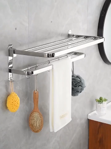 304 Stainless Steel Towel Rack Bathroom Storage Rack Non Punching Foldable Bathroom Towel Storage Rack