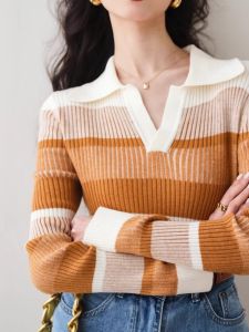 WANGGONGZHU | Elegant Retro Striped Polo Neck Knitwear Long Sleeve Womens Spring Fashion Slimming Top Design Sensation Niche Princess Style
