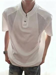 ZHUOCAN | Áo Thun Tay Ngắn Form Rộng Phong Cách Mỹ Cổ Henry Đính Nút MESH Vải Lụa Sợi Mát Ẩn Dáng