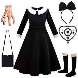 ชุดนักเรียนวันพิธีศุกร์ฮาโลวีนสำหรับเด็กผู้หญิง ชุดคอสตูมโกธิคสีดำสไตล์แอดัมส์ สำหรับเด็กอายุ 2-12 ปี ชุดแฟนซีสำหรับงานคาร์นิวัล คอสเพลย์ ปาร์ตี้ แขนยาว