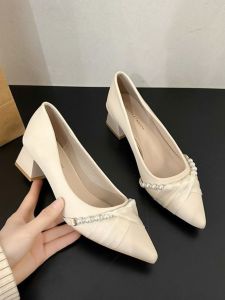 Elegant Pearl Decorated Fairy Tale Heels Chunky Block High Heels Single Shoes Pointed Toe Fashionable Spring Summer Women Shoes