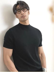 เสื้อสเวตเตอร์คอปกสูงแบบสวมศีรษะผ้าไหมน้ำแข็งสำหรับผู้ชาย ทรงสลิมฟิต แขนสั้น ผ้าฝ้ายมีแสง ผ้าโมดอล ผ้าขนสัตว์