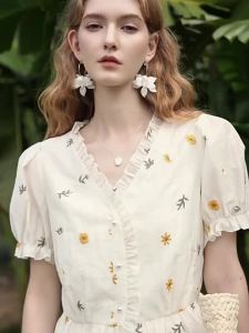 XIANGYING | V-Neck Embroidery Floral Set Dress 2 Pieces