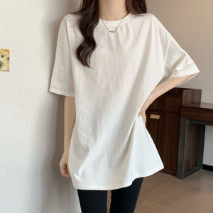 เสื้อยืดคอกลมแขนสั้นผู้หญิงผ้าฝ้ายแท้สีพื้นทรงหลวมสบายๆ ฤดูร้อน 2024 แฟชั่นลำลอง ทรงหลวม แขนสั้น เสื้อยืดคอกลม