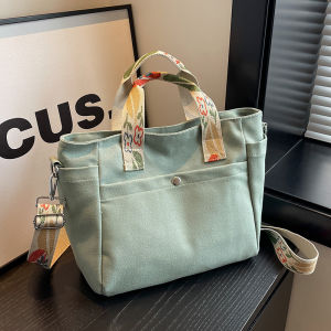 Large Capacity Canvas Shoulder Bag Womens Fashionable Handbag Student Class Crossbody Tote Bag Soft Korean Style Leisure Bag
