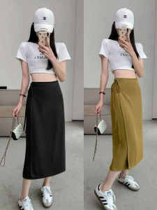 High-Waist Black Bodycon Dress for Women Midi Length A-Line Skirt with Asymmetrical Design and Shoelace Details Perfect for Spring and Autumn