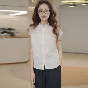 Linen Shirt Ruffle Collar Casual Commute Womens Style Summer New Arrival Korean Version Loose Fit Button Detail Short Sleeve