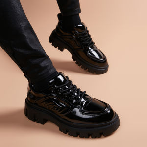 Mens British Style Thick Bottom Casual Shoes Breathable Fashionable Derby Lace-Up Business Formal Leather Shoes