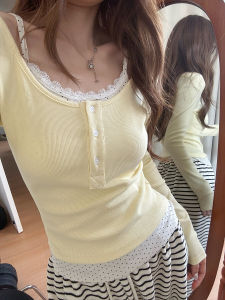 Sweet Soft Long Sleeve T-Shirt Womens Autumn Inner Wear Slim Fit Design Sense Top Lace Splicing Polka Dot Fake Two-Piece