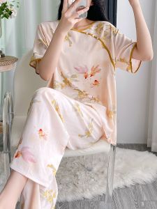Cotton Silk Womens Summer Sleepwear Loose Fit Thin Short Sleeve Long Pants Home Clothes Set Breathable Comfortable Nightgown