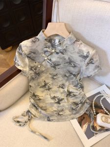 New Chinese Style Gradient Butterfly Button Short Sleeve T-Shirt Women Summer Waist Cinching Cheongsam Collar Elegant Top