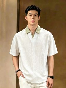 OUMULONG | Elegant V-Neck Cotton Linen Polo T-Shirt
