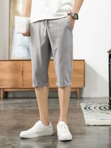 Mens Summer Cotton-Like Linen Shorts Comfortable Breathable Casual Mid-Waist Seven-Quarter Length Sporty Leisure Trousers