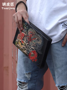 Handcrafted Leather Carving Large Capacity Casual Mens Handbag Fashionable Tote Bag Soft Cowhide Zipper ClosureEnvelope Shape