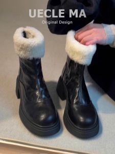 MASHUJIA | Leather Thick Bottom Faux Fur Insulated Snow Boots