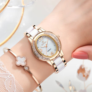 SENO Diamond Scale Luminous Pointer Colored Shell Elliptical Diamond Inlaid Dial Alloy Resin Strap Fashion Style Waterproof Quartz Womens Watch