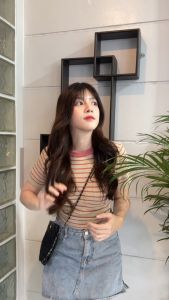 🌈MesubShop🌈เสื้อยืดแขนสั้น ผ้าไหมพรมทอลายสลับสี  🌺 มีปักให้ช่วงอก รุ่น บีควิก B-027-1-A