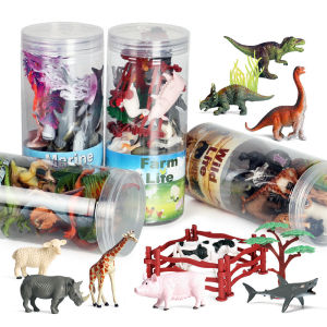 Miniature Realistic Farm Wildlife Dinosaur Toy Model Set in a Round Container
