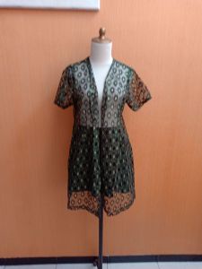 atasan cardigan wanita hitam gold L cewek MEWAH lengan pendek transparan cute outer