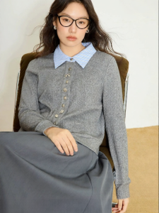 DUSHU | Oversized Color Blocking Knitted Set Female Outerwear and Skirt