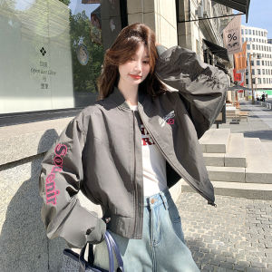Gray Letter Baseball Jacket Womens Autumn New American Retro Cool Design Anti-Aging Short Coat Ladies Fashion Polyester