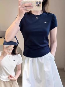 Áo Thun Tay Ngắn Thêu Thắt Nút Bướm Màu Xanh Lam Cho Nữ Mùa Hè Mới Đơn Giản Ôm Vừa Vặn Thon Gọn Eo Thời Trang