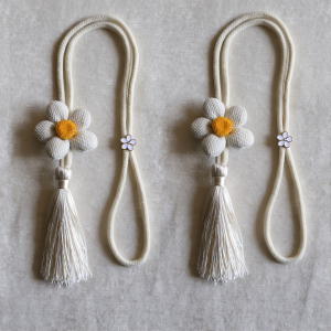 2PCS Sunflower Floral Curtain Tiebacks with Tassels Boho Cotton Rope Curtain Holders with Flower Charm