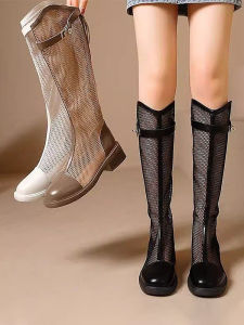 รองเท้าบู๊ตส้นสูงผู้หญิงแบบสูง ทรงปากเปิดแบบผ่าครึ่งแข้ง ทรงฤดูร้อน รองเท้าบู๊ตแบบสวมส้นหนา รองเท้าบู๊ตฤดูร้อนแบบลำลอง