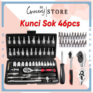 Pengiriman Cepat & COD: 46 Pcs Kunci Pas Shock Sok Shok Socket 1/4\\\" Ring Wrench Obeng Peralatan Perkakas Universal Kombinasi Socket Wrench Set Tools Kit 46 In 1 Murah Bagus - Merah