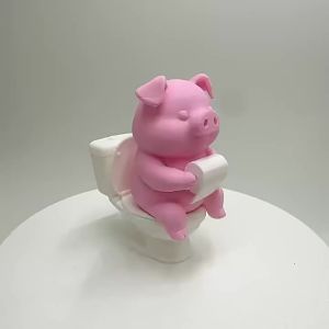 OUHOE | Funny Resin Pig On Toilet Statue Wall Mounted & Tabletop Piggy Figurine Creative Bathroom Living Room Home Decor Gift