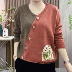 Fashionable Stylish Color Contrast Patchwork V-neck Sweater Womens Autumn New Arrival Easiest for Match Loose Belly-Covering Long Sleeves Mom Top