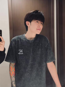 Summer Trendy Washed Vintage Loose Casual Short Sleeve round Neck Versatile T-Shirt for Men Comfortable All-Match Basic Tee