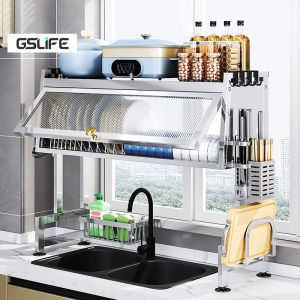Veckle 304 Stainless Steel Over Sink Dish Rack Kitchen Cabinet Organizer with Cover Dust-proof Plate Drying Storage Kitchen Organizer