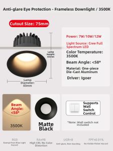 SHUOYU | Frameless Smart Anti-glare Full Spectrum Elegant Downlight Recessed Spot Light 75mm