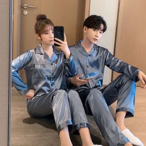Couple Pajamas Womens Spring & Fall Ice Silk Thin Long Sleeves plus Size Summer Men Silk Home Wear Suit