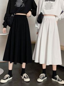 High Waist A-Line Midi Skirt for Women Loose Fitting Slimming Student Workwear Hip Covering Black Korean Style Commute Pure E-Commerce