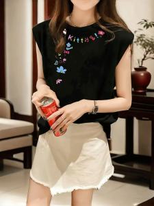 Summer New Design American Retro Loose Slimming Sleeveless Sports Vest Womens Shoulder Top Printed Commute Style Polyester Cotton Blend