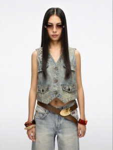 Retro Washed V-neck Sleeveless Denim Vest with Multiple Studs