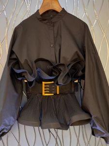 Black Lace Trim Long Sleeve Short Shirt Womens French Style Spring High Waist Design Original Design Pure Color Button Detail