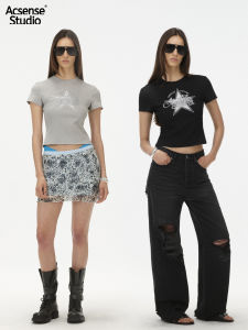 ACSENSE STUDIO Sweet Cool Aesthetic Glitter Star Print Slim Fit Short Sleeve T-Shirt Womens Fashion Summer Moisture Wicking