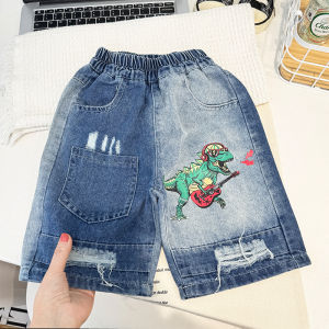 Cool Short Jeans for Boys Cartoon Print Casual Summer Pants Five Inches Length Comfortable Cotton Blend mid Waist Elastic Belt