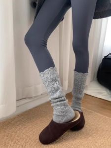 Womens Knitted Hollow Woolen Socks Autumn Winter Grey Thickened Cuff Socks Matched with Snow Boots Leg Covers for Small Leather Shoes