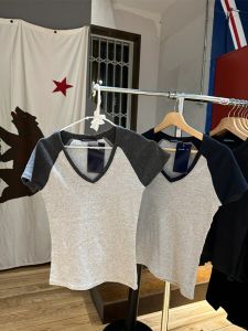 BM Official Website Ye SHUA Same Style Contrast Color V-neck Short Sleeve BM Summer Pure Cotton Raglan Sleeve Silm Versatile Casual Top