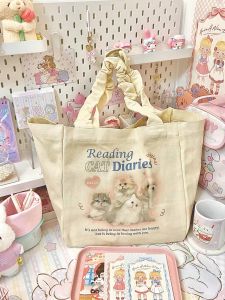 Cute Cat Print Canvas Tote Bag with Magnetic Buckle and Single Shoulder Strap Large Capacity Shoulder Satchel for Students